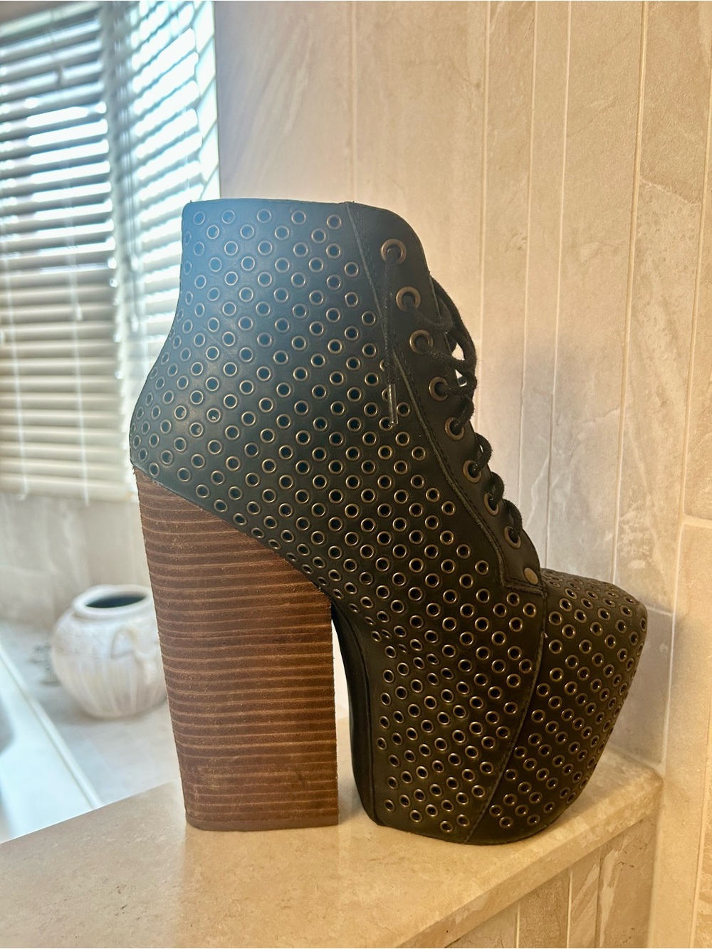 Jeffrey Campbell Vintage Black Eyelet Lace-Up Platform Stacked Heel Boots